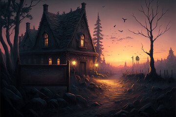painting of a house in the woods at night, a detailed matte painting, Generative AI