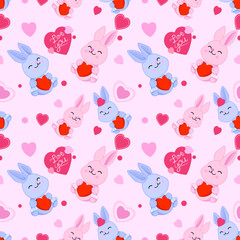 Valentine's concept with cute bunny and heart shape seamless pattern.