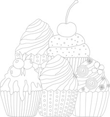 Coloring page with sweets. Dessert coloring.