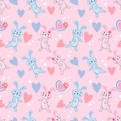Valentine's concept with cute bunny and heart shape seamless pattern.