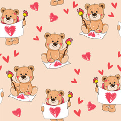 Cute cartoon teddy bear with hearts on a beige background seamless pattern. Vector illustration for valentine's day. T-shirt design, greeting cards