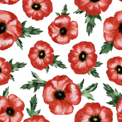 Summer seamless pattern with red poppy flowers. Surface design for interior decoration, textile printing, printed publications, invitation cards
