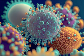 Macro close up shot of bacteria and virus cells, coronavirus, generative ai 