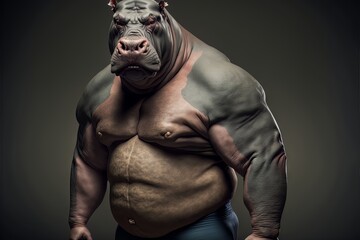 Fototapeta na wymiar Hippopotamus - Close up portrait - Bodybuilder posing - Generative AI