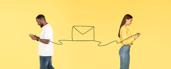 Online Communication. Black Man And White Woman Using Smartphones For Messaging