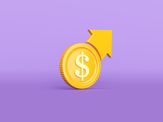 Yellow Financial growth and dollar coin icon isolated on purple background. Increasing revenue. Minimalism concept. 3d illustration 3D render.