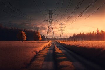 Fototapeta na wymiar Electricity towers at sunset. Generative AI