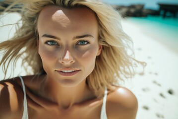 Portrait of a beautiful blonde resting on the beach. Generative AI