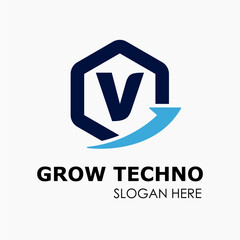 Initial V Letter in Hexagon Shape with Growth Arrow Upward Logo Idea Template