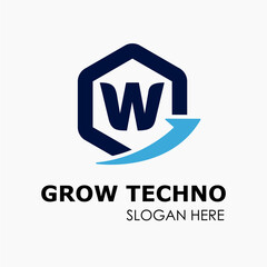 Initial W Letter in Hexagon Shape with Growth Arrow Upward Logo Idea Template