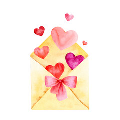 Hand drawn watercolor illustration of opened postal envelope with pink hearts and bow isolated on a white background.