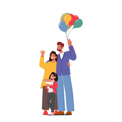 Happy Family Characters with Flowers and Balloons Isolated on White Background. Happy Mother, Father and Daughter