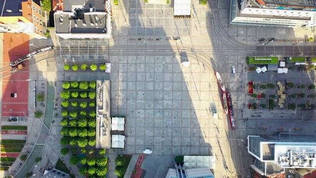 Drone high angle photo of Market Square in Katowice city, Poland, 4k drone video