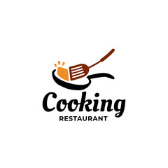 Pan and spatula kitchen and cooking logo design vector. Restaurant logo illustration. kitchen set tools logo vector