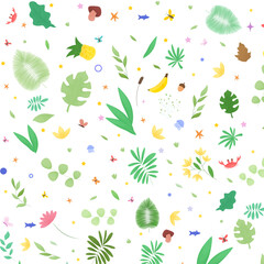 Seamless pattern with decorative elements, flowers, leaves, butterflies, bananas, pineapples, fish, bright pattern, children's pattern with interesting illustrations