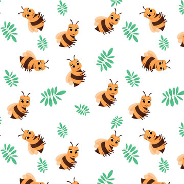 Seamless pattern with cartoon animal, wasp, pattern with animals and decorative leaves, bright pattern, children's pattern