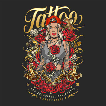 Tattoo beauty girl colorful flyer