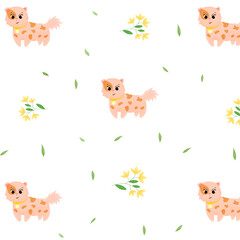 Seamless pattern with cartoon animal, dog, pattern with animals and decorative elements, bright pattern, children's pattern