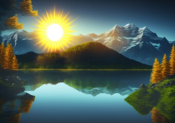 Mountain Landscape with Lake, Generative AI Illustration