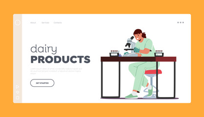 Dairy Product Landing Page Template. Scientist Female Character Testing Production In Laboratory. Expert Woman