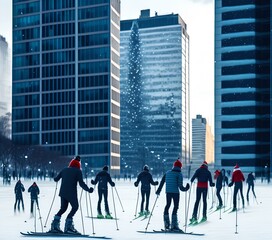 Obraz premium People Skiing on Ice, Generative AI Illustration