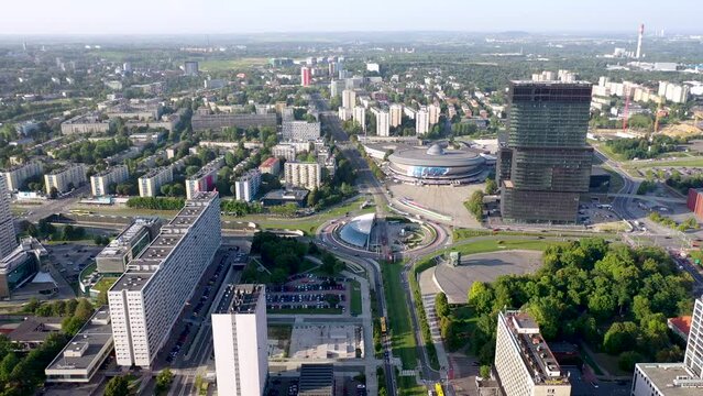 Katowice city in Poland, aerial view with Spodek Arena, KTW building and Gen. Jerzy Zietek roundabout