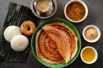 South Indian vegetarian breakfast idli karam podi dosa sambar chutney powder ghee and filter coffee