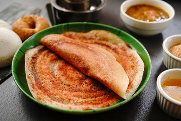 South Indian vegetarian breakfast idli karam podi dosa sambar chutney powder ghee and filter coffee
