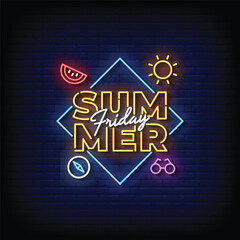 Neon Sign summer friday with brick wall background vector