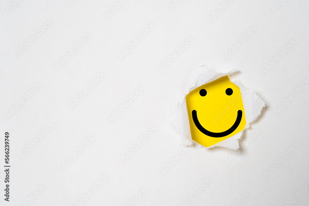 Poster smile face inside yellow background and white punch paper with copy space for positive mindset and c