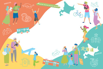 Obraz premium 日本の北海道のグルメ観光を楽しむ人物とアイコンセット