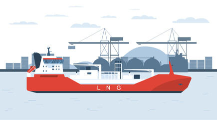 Vessel bunker on the background of the sea port. Vector illustration.