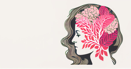 Obraz premium Woman with her head in profile, with her hair styled into delicate flowers and colored in a soft pink hue. The image captures the grace and femininity, with the imaginative flower ai generated,