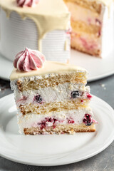 yogurt cake with wild berries, Delicious and sweet pink strawberry cake for Valentines or birthday party. Homemade bakery concept