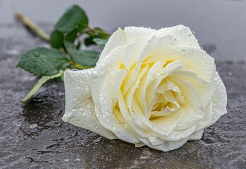eine auf einem grauen Stein niedergelegte, gelbe Rose auf gefrorenem Untergrund zum Ausdruck der...