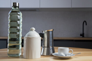 a set for making delicious moko coffee at home in the kitchen. Water, coffee, cup, geyser coffee...