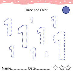 Number one tracing practice worksheet for kids learning to count and to write. Worksheet for learning numbers. Number 1. Training write and count numbers. Coloring exercises