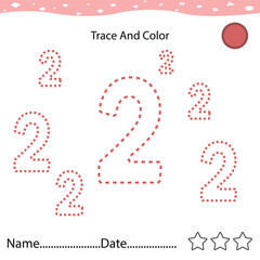 Number two tracing practice worksheet for kids learning to count and to write. Worksheet for learning numbers. Number 2. Training write and count numbers. Coloring exercises