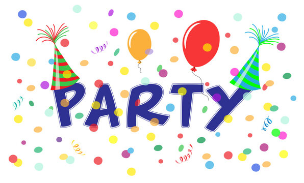 Party Karte mit Text, Luftballons, bunte Konfetti, Luftschlangen und Partyh&uuml;te, Vektor Illustration isoliert auf wei&szlig;em Hintergrund
