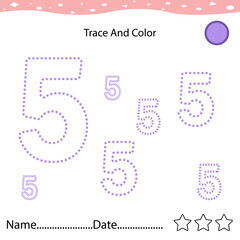 Number five tracing practice worksheet for kids learning to count and to write. Worksheet for learning numbers. Number 5. Training write and count numbers. Coloring exercises