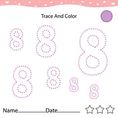 Number eight tracing practice worksheet for kids learning to count and to write. Worksheet for learning numbers. Number 8. Training write and count numbers. Coloring exercises