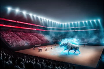 Küchenrückwand glas motiv The corrida bullfighting of the future made with a holographic show the bull is a hologram illustration generative ai © Andrea Izzotti