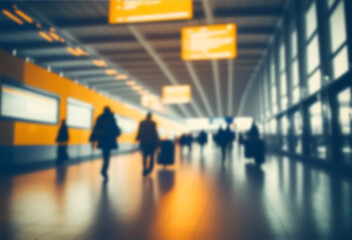 Fototapeta premium Blurred background of people walking in empty public transportation hall, Ai Generated