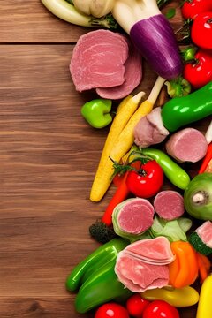 balanced diet, cooking, kitchen and food concept - close up of vegetables, fruits and meat on wooden table - generative ai