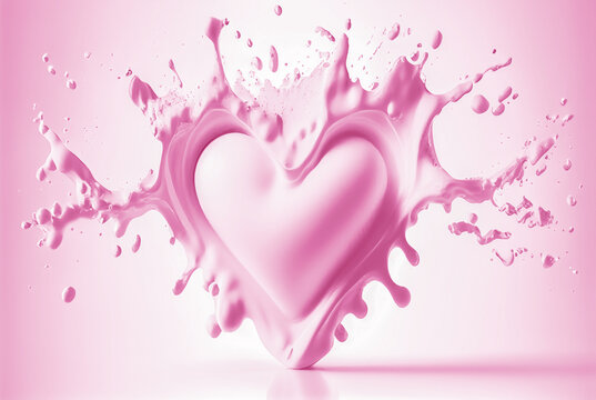 Pink heart shape milk splash, romantic food symbol for Valentines day, AI generated