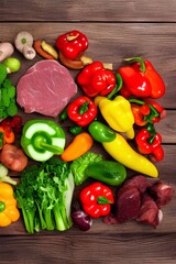 balanced diet, cooking, kitchen and food concept - close up of vegetables, fruits and meat on wooden table - generative ai