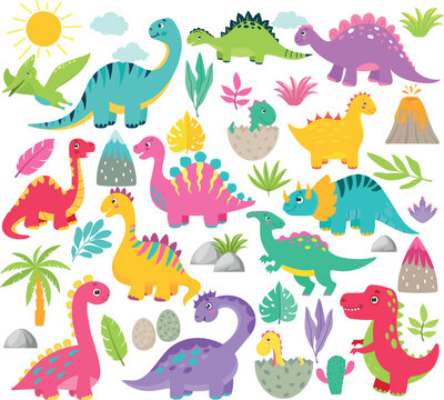 Cute colorful dinosaur set. Ancient world set. Illustrations of bright colors of dinosaurs of different nature. Dinosaur vector graphics