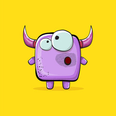 Vector cartoon funny violet monster with horn isolated on yellow background. Smiling silly violet monster print sticker design template. Ghost, troll, gremlin, goblin, devil and monster