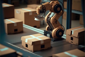 Modern Factory Programmable Robot Arm Packaging. Generative AI..