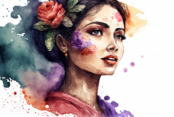 Fototapeta Kobieta namalowana farbami akwarelowymi, ilustracja, Dzień Kobiet, generative ai obraz